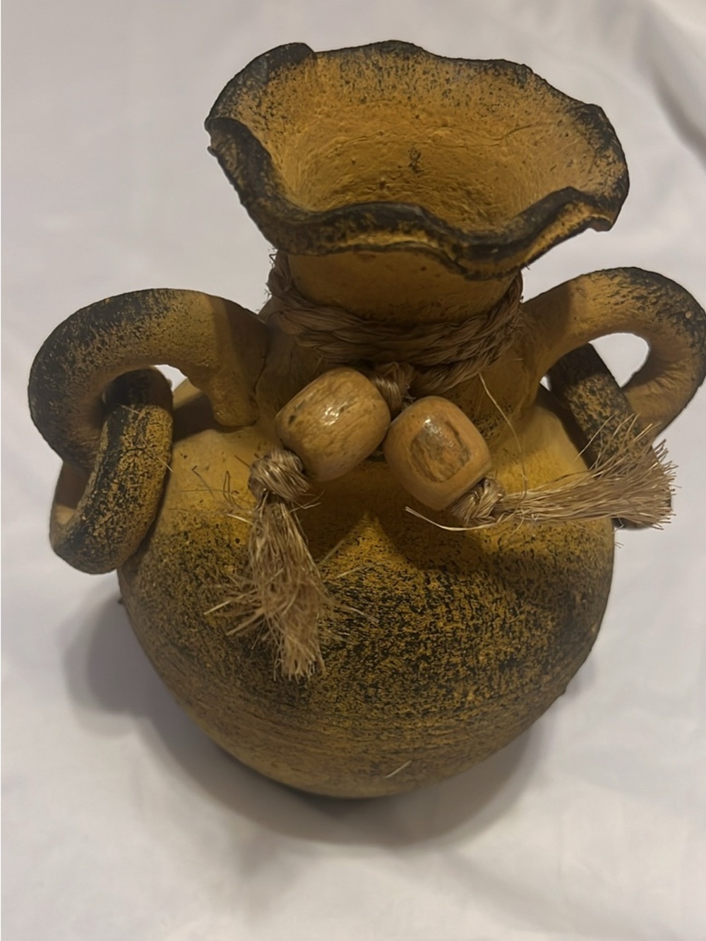 Rustic Yellow Clay pottery with Rope and Wooden Bead Accents